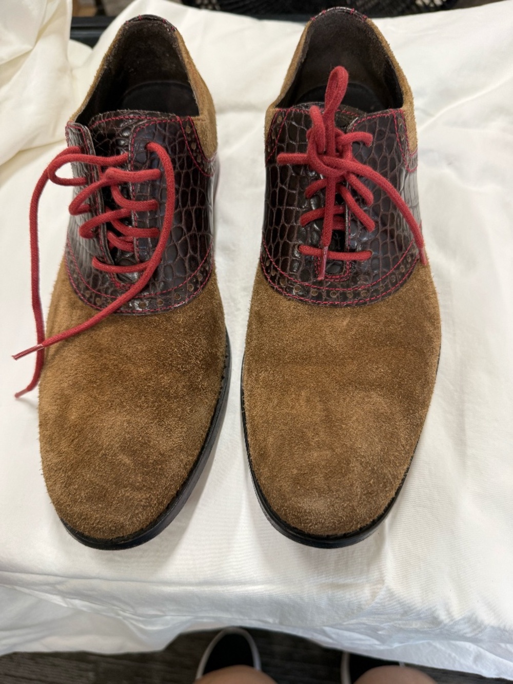 Cole Haan Men's Brown Suede Croc Embossed Leather Oxford Shoes Red Laces